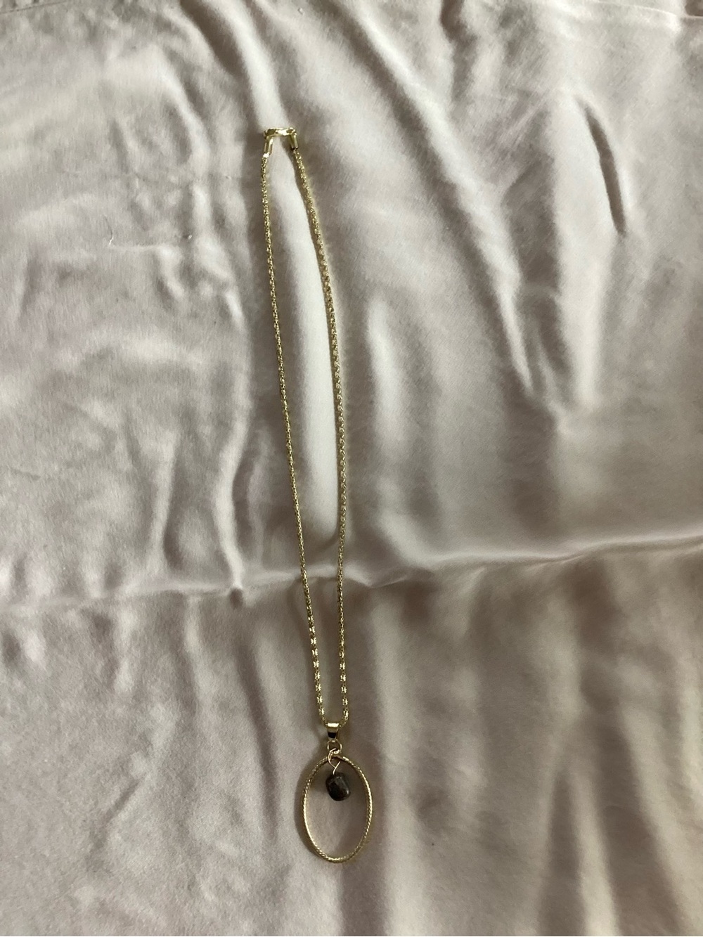 Gold Oval Pendant Necklace with Dark Stone Charm - Women Jewelry